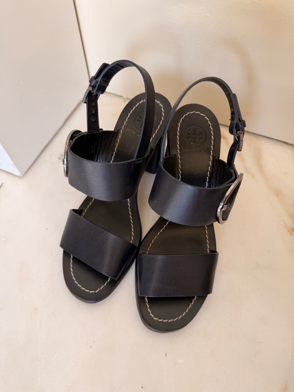 Tory Burch Thames Black Leather Buckle Block Heel Sandals - Picture 2 of 4